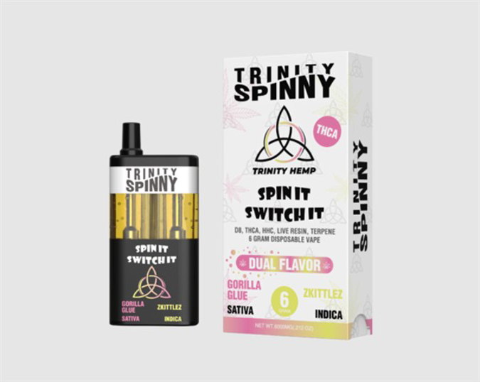 Picture of Trinity spinny dual flavor disposable thca 6gm - Gorilla glue & zkitlez