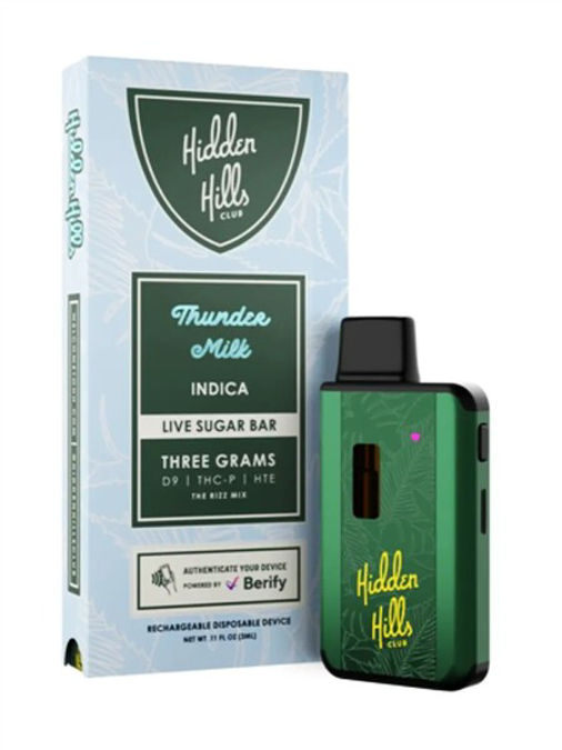Picture of HIDDEN HILLS DISPOSABLE LIVE SUGAR BAR D9 THCP HTE 3G Thunder Milk