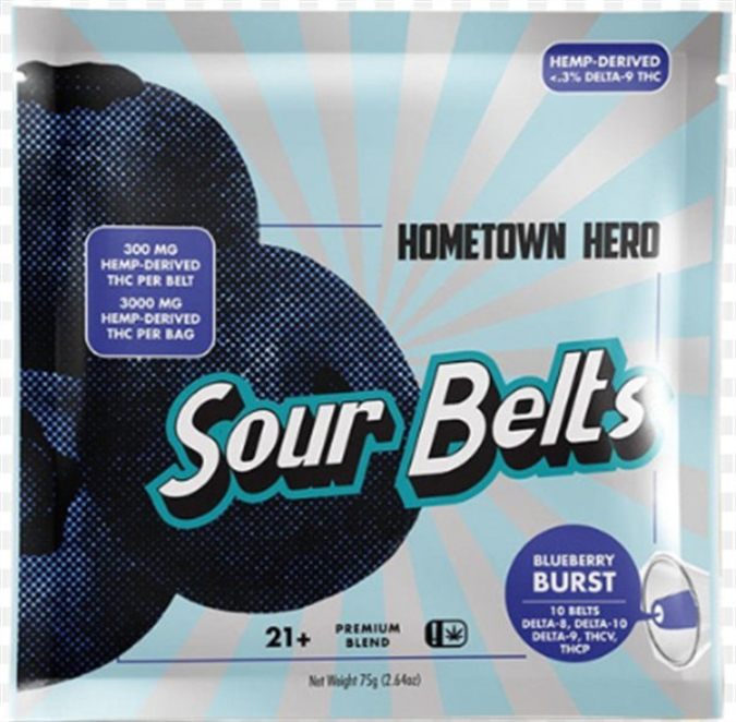 Picture of HOMETOWN HERO SOUR BELT GUMMIES 30MG 10CT - BLUEBERRY BURST