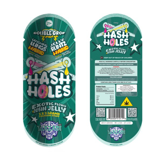 Picture of WAZABI HASH HOLES PREROLL 2CT 10/BX - LAUGHING LUNGS JELLY RUNTZ