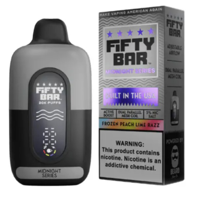 Picture of FIFTY BAR DISPOSABLE 20KPUFFS 5CT/BX - MNIGHT SERIES FROZEN PEACH LIME RAZZ